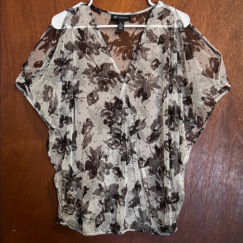 INC International Concepts Sheer Floral Dolman Blouse - Cream & Black Floral